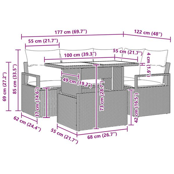 vidaXL Σετ Καναπέ Κήπου με αποθήκευση 5 pcs Γκρι Πολυ ράταν