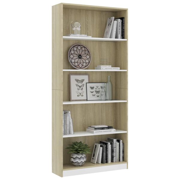 vidaXL Βιβλιοθήκη με 5 Ράφια Λευκό/Sonoma 80x24x175 εκ. Επεξ. Ξύλο