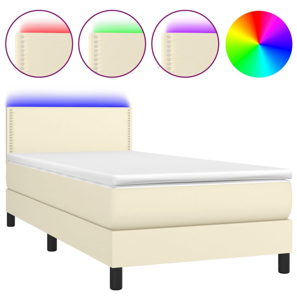 vidaXL Κρεβάτι Boxspring με Στρώμα & LED Κρεμ 100x200 εκ. Συνθ. Δέρμα