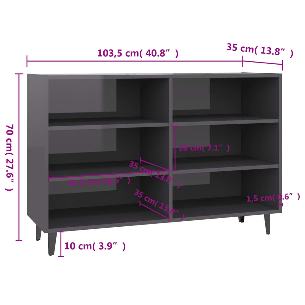 vidaXL Ραφιέρα Γυαλιστερή Γκρι 103,5 x 35 x 70 εκ. από Επεξ. Ξύλο