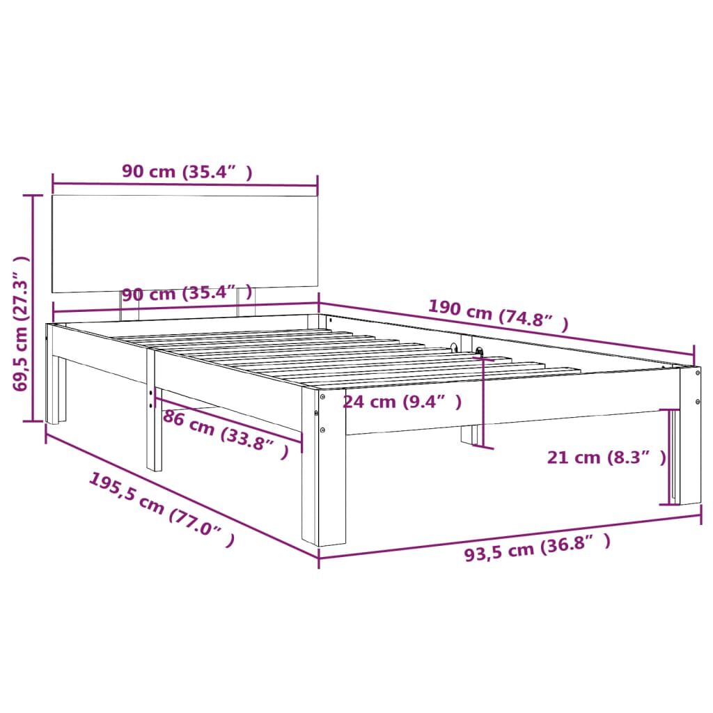 vidaXL Πλαίσιο Κρεβατιού Λευκό 90 x 190 εκ. Μασίφ Ξύλο Single
