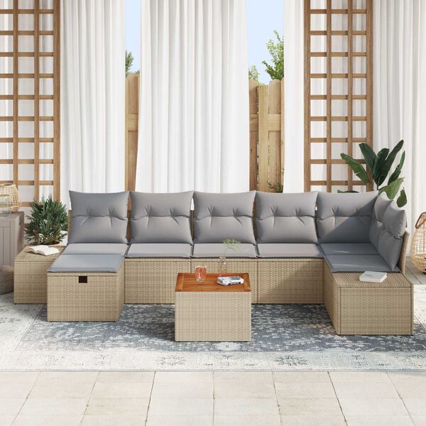 vidaXL Σετ Καναπέ Κήπου με μαξιλάρι 8 pcs Μπεζ Πολυ ράταν
