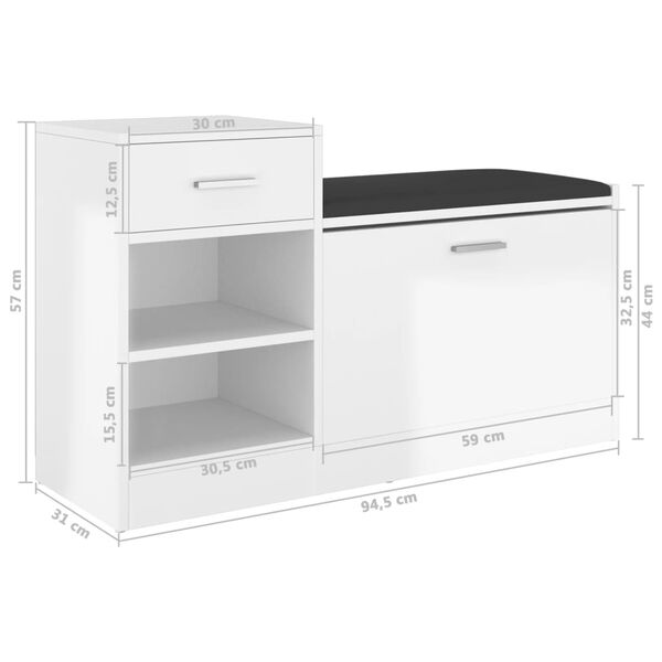 vidaXL Παπουτσοθήκη Γυαλ. Λευκή 94,5 x 31 x 57 εκ. από Επεξ. Ξύλο