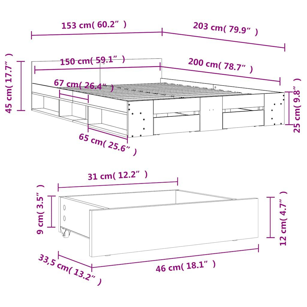 vidaXL Πλαίσιο Κρεβατιού με Συρτάρια Sonoma Δρυς 150x200εκ. Επεξ. Ξύλο