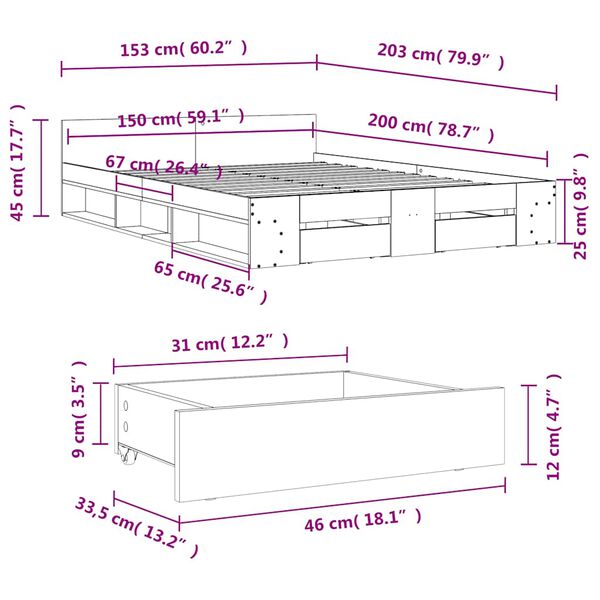 vidaXL Πλαίσιο Κρεβατιού με Συρτάρια Sonoma Δρυς 150x200εκ. Επεξ. Ξύλο