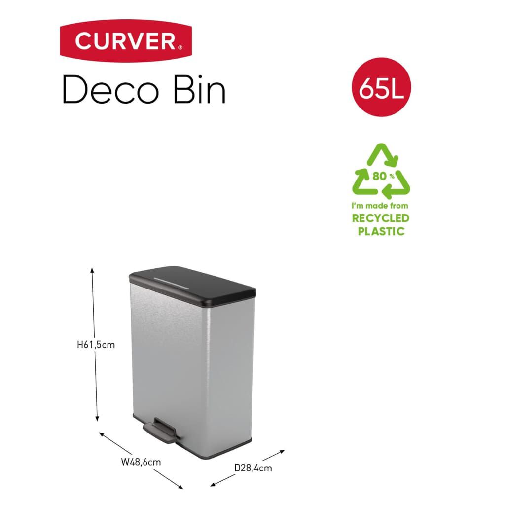 Curver Κάδος Απορριμάτων με Πεντάλ Deco Ασημί Ορθογώνιος 65 Λίτρων
