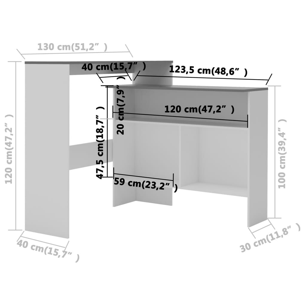 vidaXL Τραπέζι Μπαρ με 2 Επιφάνειες Λευκό / Γκρι 130 x 40 x 120 εκ.