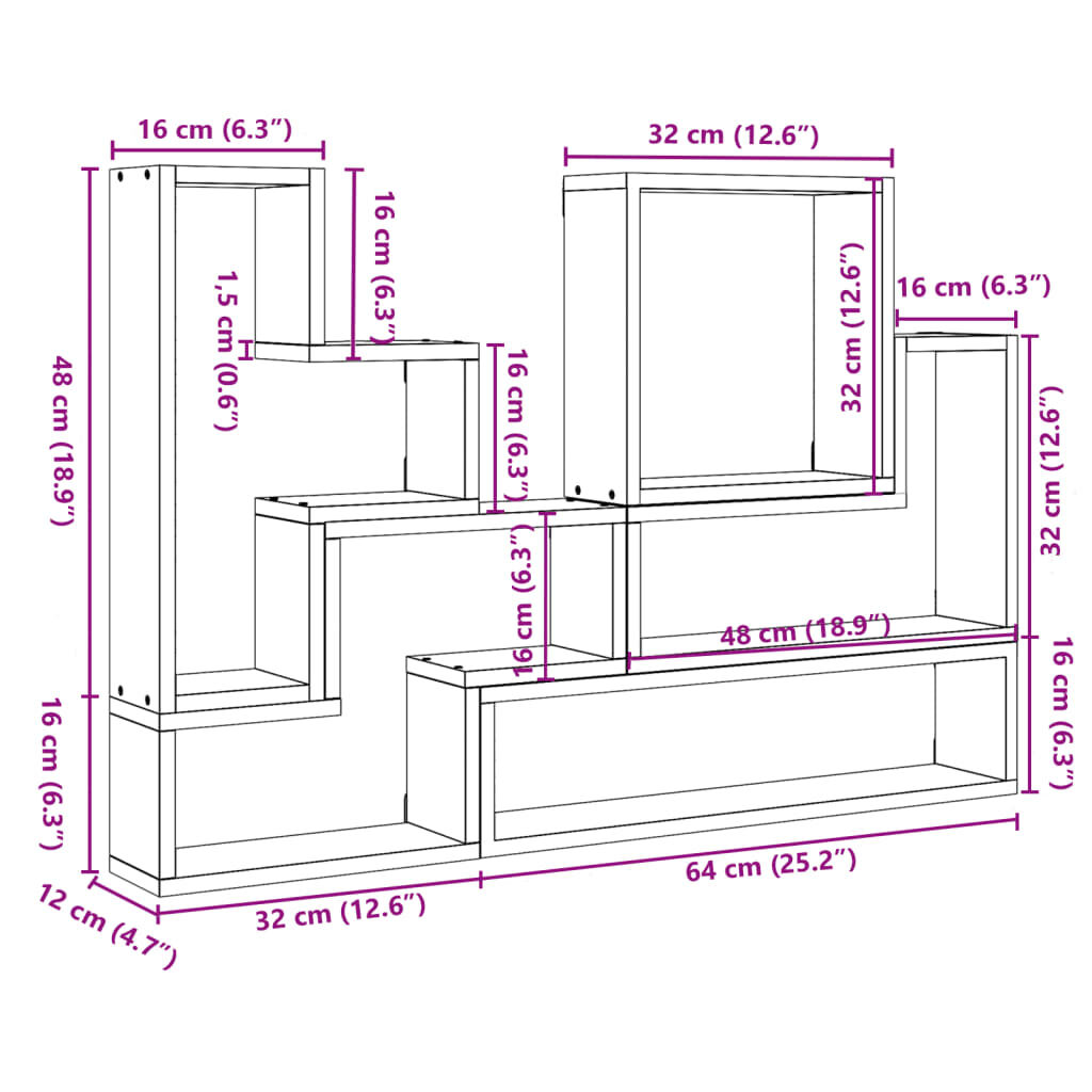 vidaXL Ραφιέρα Τοίχου Sonoma Δρυς 96x12x64 εκ. από Επεξεργασμένο Ξύλο