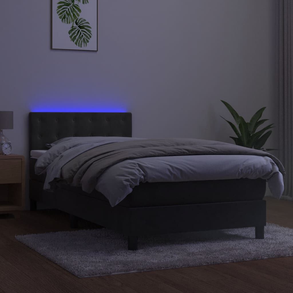 vidaXL Κρεβάτι Boxspring με Στρώμα & LED Σκ. Γκρι 90x200 εκ. Βελούδινο