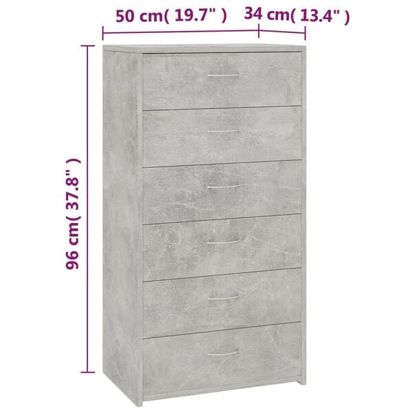vidaXL Συρταριέρα με 6 Συρτάρια Γκρι Σκυροδ. 50x34x96 εκ. Επεξ. Ξύλο