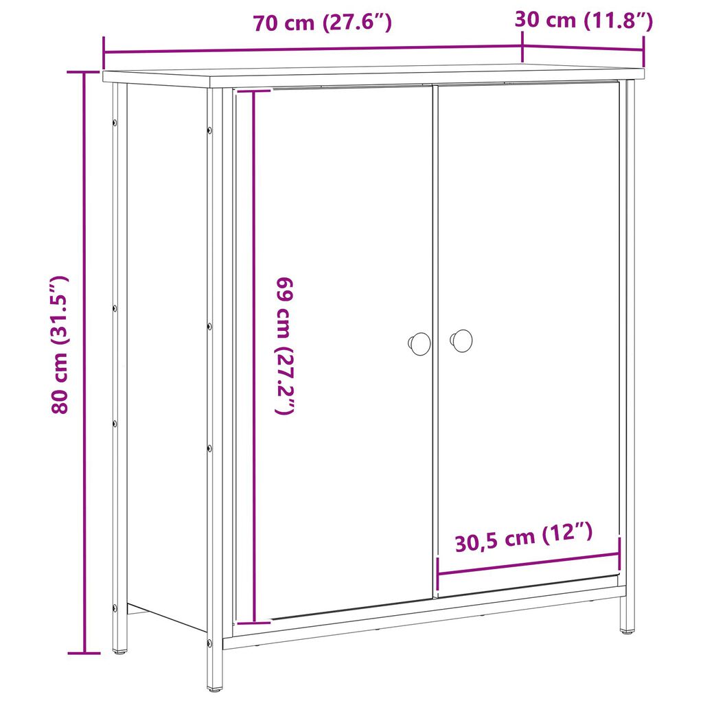 vidaXL Μπουφές Μασίφ Ξύλο Δρυός 70x30x80 εκ. Μοριοσανίδα και Μέταλλο