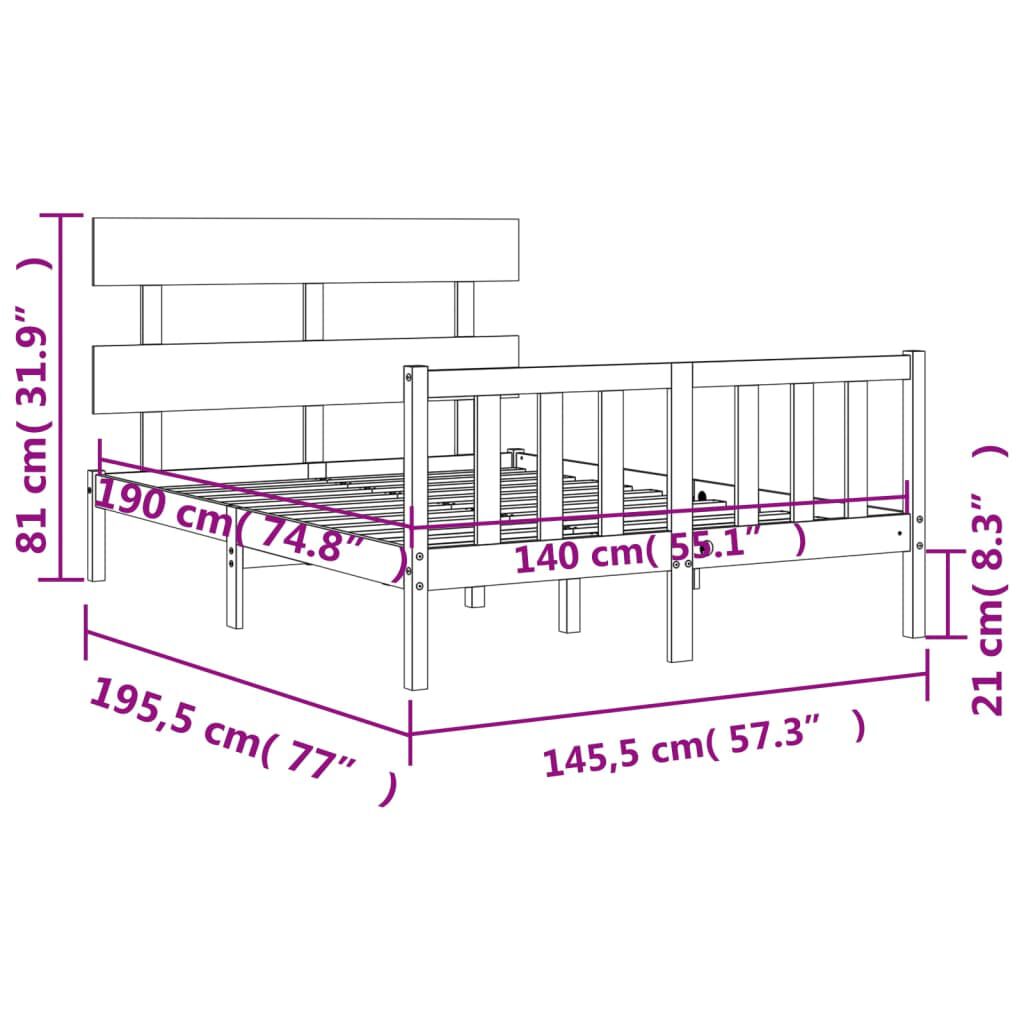 vidaXL Πλαίσιο Κρεβατιού με Κεφαλάρι Μαύρο 140x190 εκ. Μασίφ Ξύλο