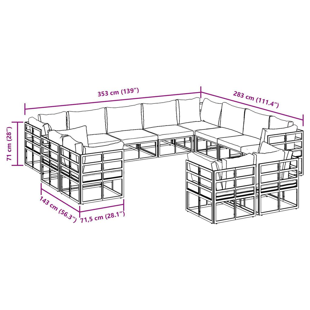 vidaXL Σετ Καναπέ Κήπου 12 pcs Μαύρο 353 x 283 x 71 εκ. Αλουμίνιο