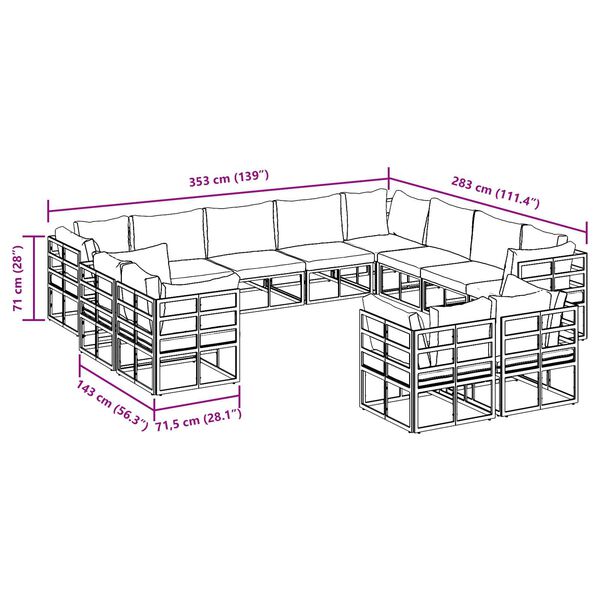 vidaXL Σετ Καναπέ Κήπου 12 pcs Μαύρο 353 x 283 x 71 εκ. Αλουμίνιο