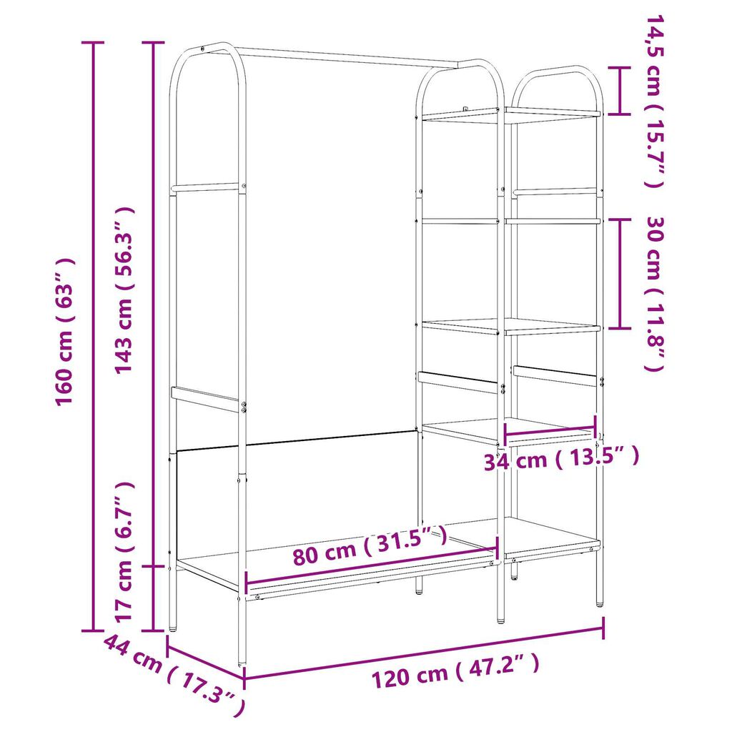 vidaXL Ράφι Ρούχων με ράφι Καφέ 120 x 44 x 160 εκ Επεξεργασμένο ξύλο