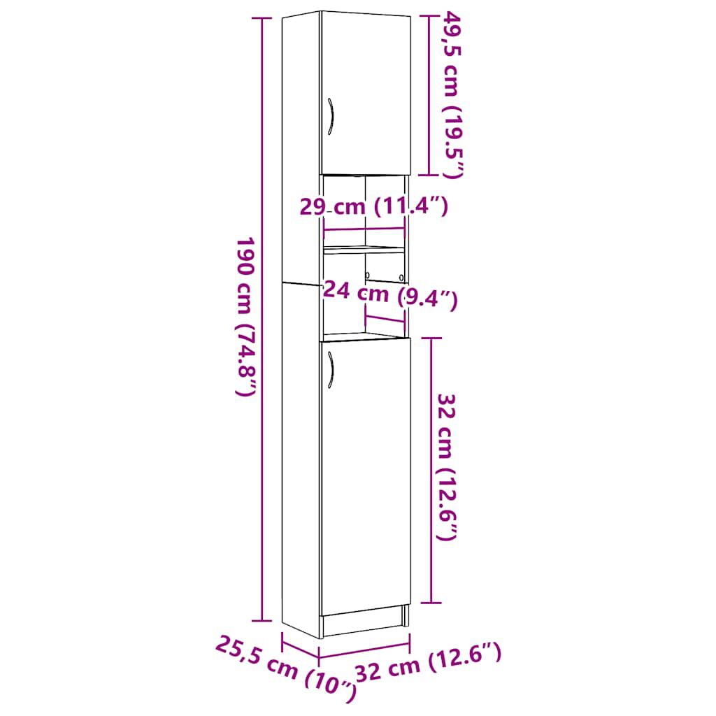 vidaXL Ντουλάπι Μπάνιου Μαύρο Δρυς 32x25,5x190 εκ. Επεξ. Ξύλο