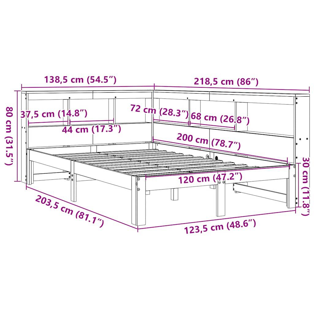 vidaXL Κρεβάτι Βιβλιοθήκη Χωρίς Στρώμα 120x200 εκ Μασίφ Ξύλο Πεύκο