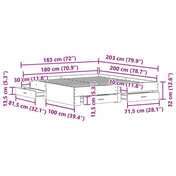 vidaXL Κρεβάτι με Συρτάρια Μαύρη Δρυς 180x200 εκ Επεξεργασμένο Ξύλο
