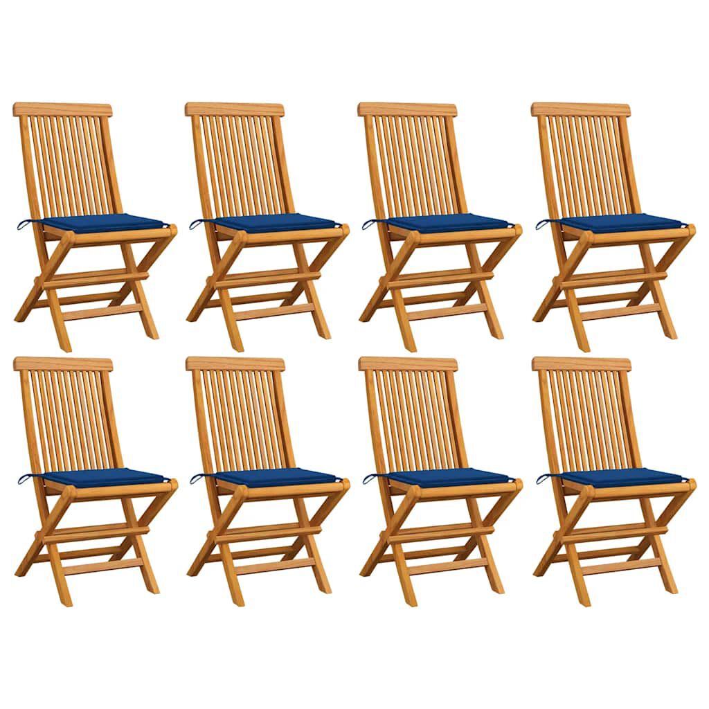 vidaXL Καρέκλες Κήπου 8 τεμ από Μασίφ Ξύλο Teak με Μπλε Ρουά Μαξιλάρια