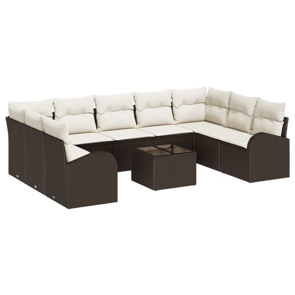 vidaXL Σετ Καναπέ Κήπου με μαξιλάρι 10 pcs Καφέ και λευκό Πολυ ράταν