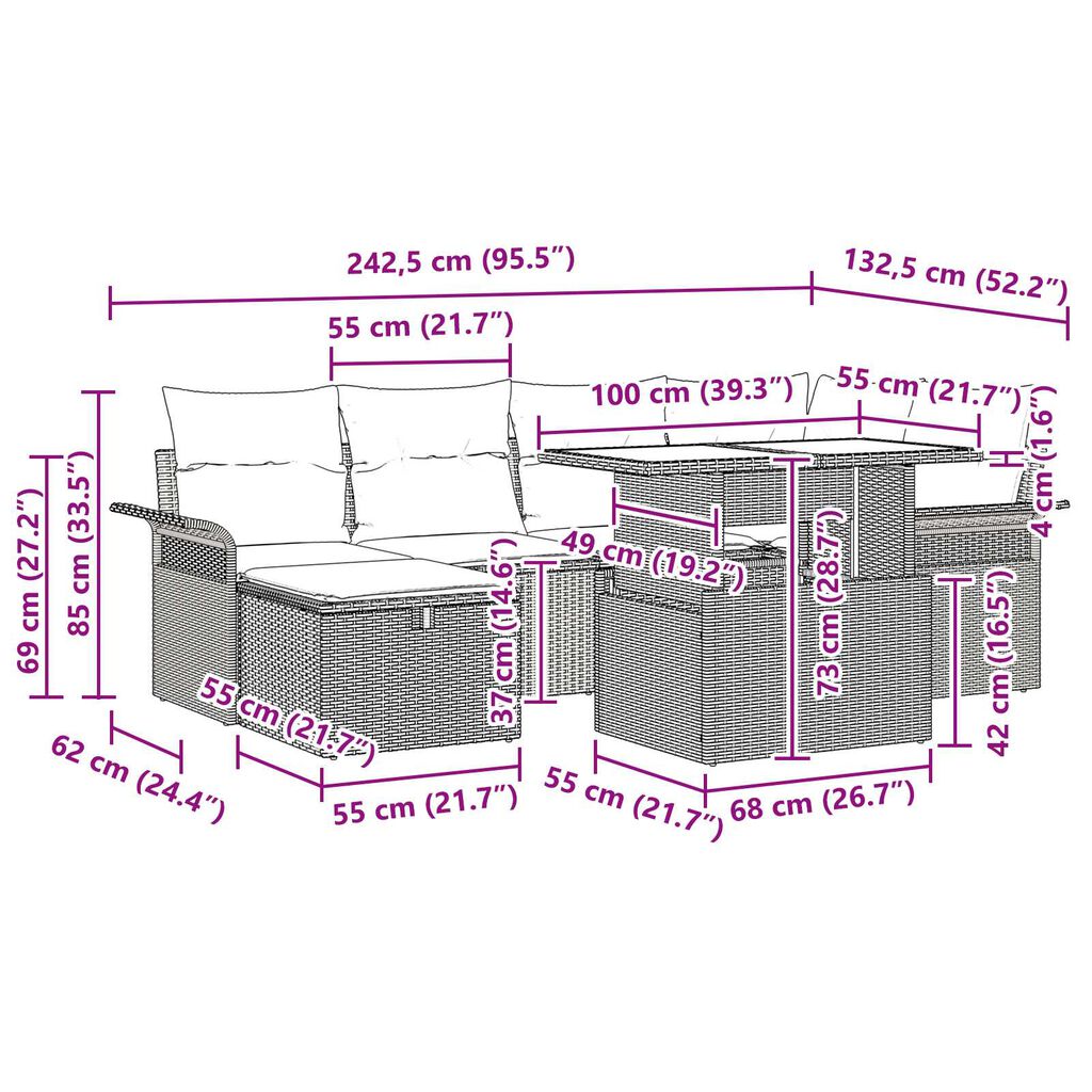 vidaXL Σετ Καναπέ Κήπου με μαξιλάρι 7 pcs Μπεζ Πολυ ράταν