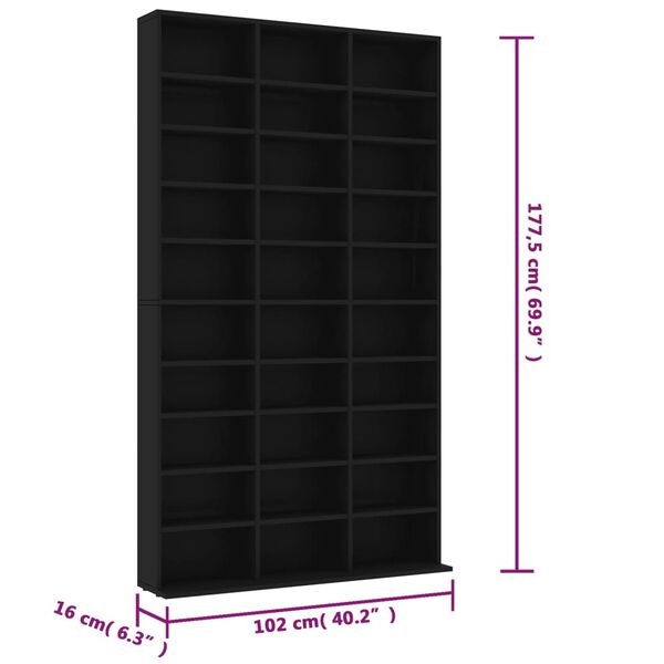vidaXL Έπιπλο για CD Μαύρο 102 x 16 x 177,5 εκ. από Επεξεργασμένο Ξύλο