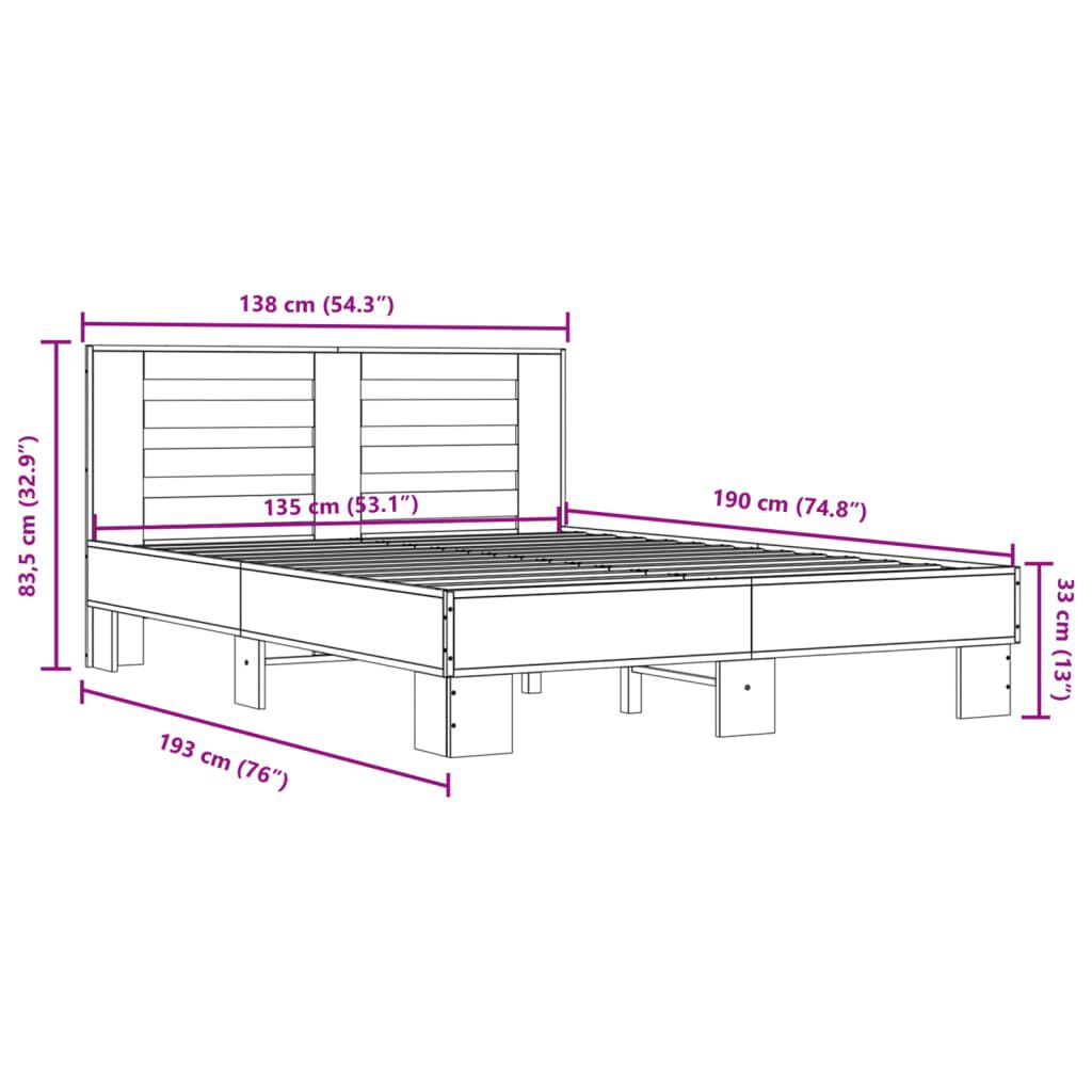 vidaXL Πλαίσιο Κρεβατιού Γκρι Sonoma 135x190 εκ. Επεξ. Ξύλο & Μέταλλο