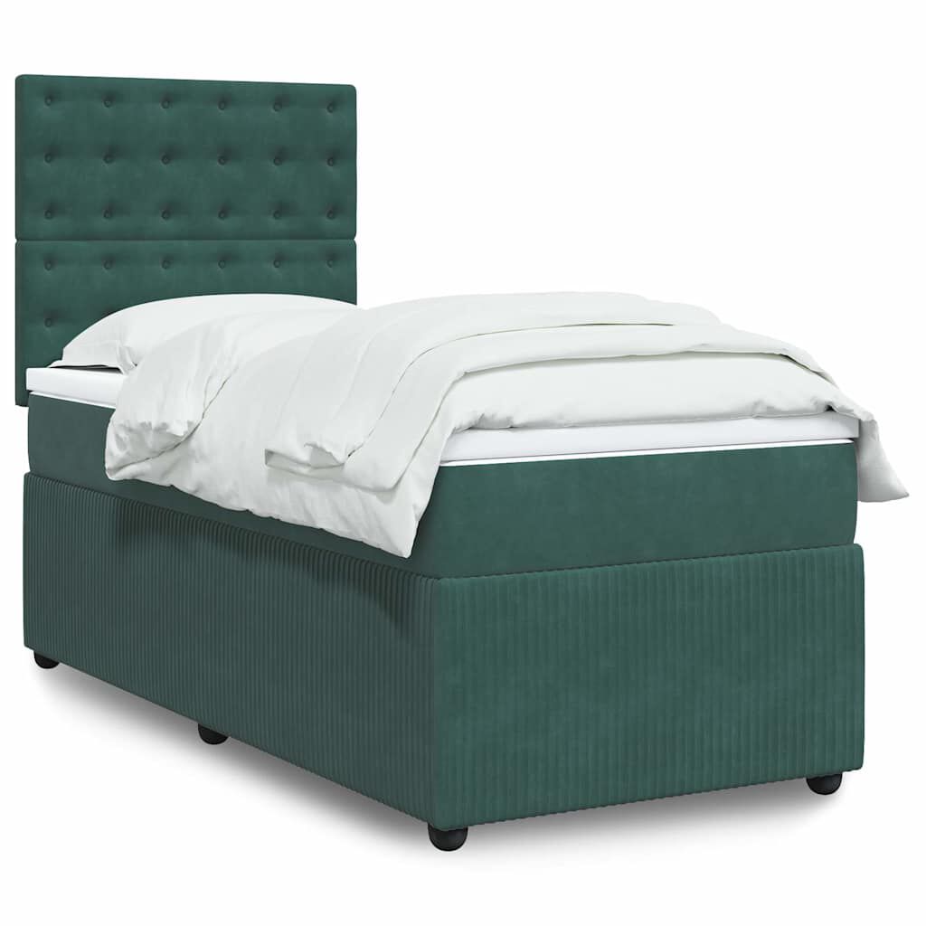 vidaXL Κρεβάτι Boxspring με Στρώμα Σκούρο Πράσινο 90x200 εκ. Βελούδινο