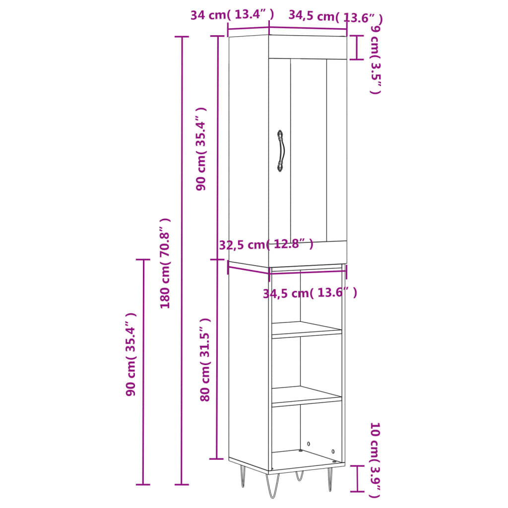 vidaXL Ντουλάπι Γκρι Σκυροδέματος 34,5x34x180 εκ. Επεξεργασμένο Ξύλο