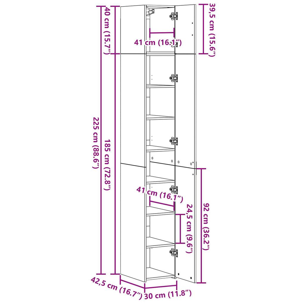 vidaXL Slim Storage Cabinet Μαύρος Δρυς 30x42.5x225 cm Επεξεργασμένο Ξύλο