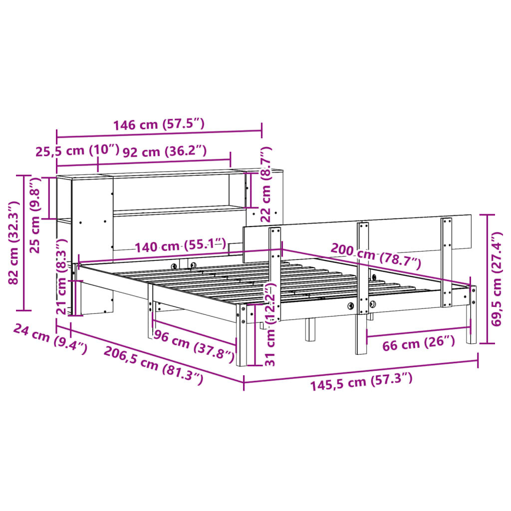 vidaXL Κρεβάτι Βιβλιοθήκη Χωρίς Στρώμα 140x200 εκ Μασίφ Ξύλο Πεύκο