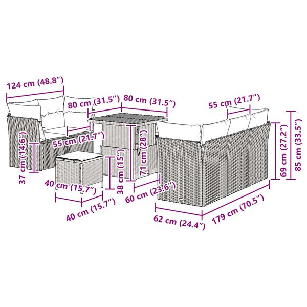 vidaXL Σετ Καναπέ Κήπου Ρυθμιζόμενο ύψος 8 pcs Μαύρο συνθετικό ρατάν