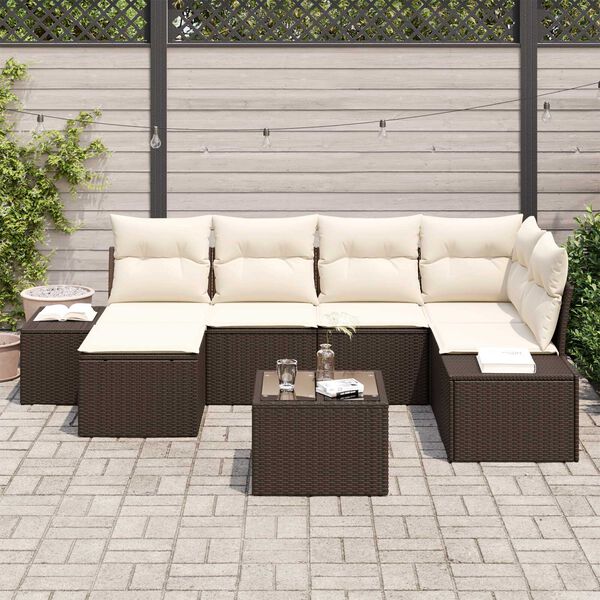 vidaXL Σετ Καναπέ Κήπου με μαξιλάρι 7 pcs Καφέ και κρεμ Πολυ ράταν