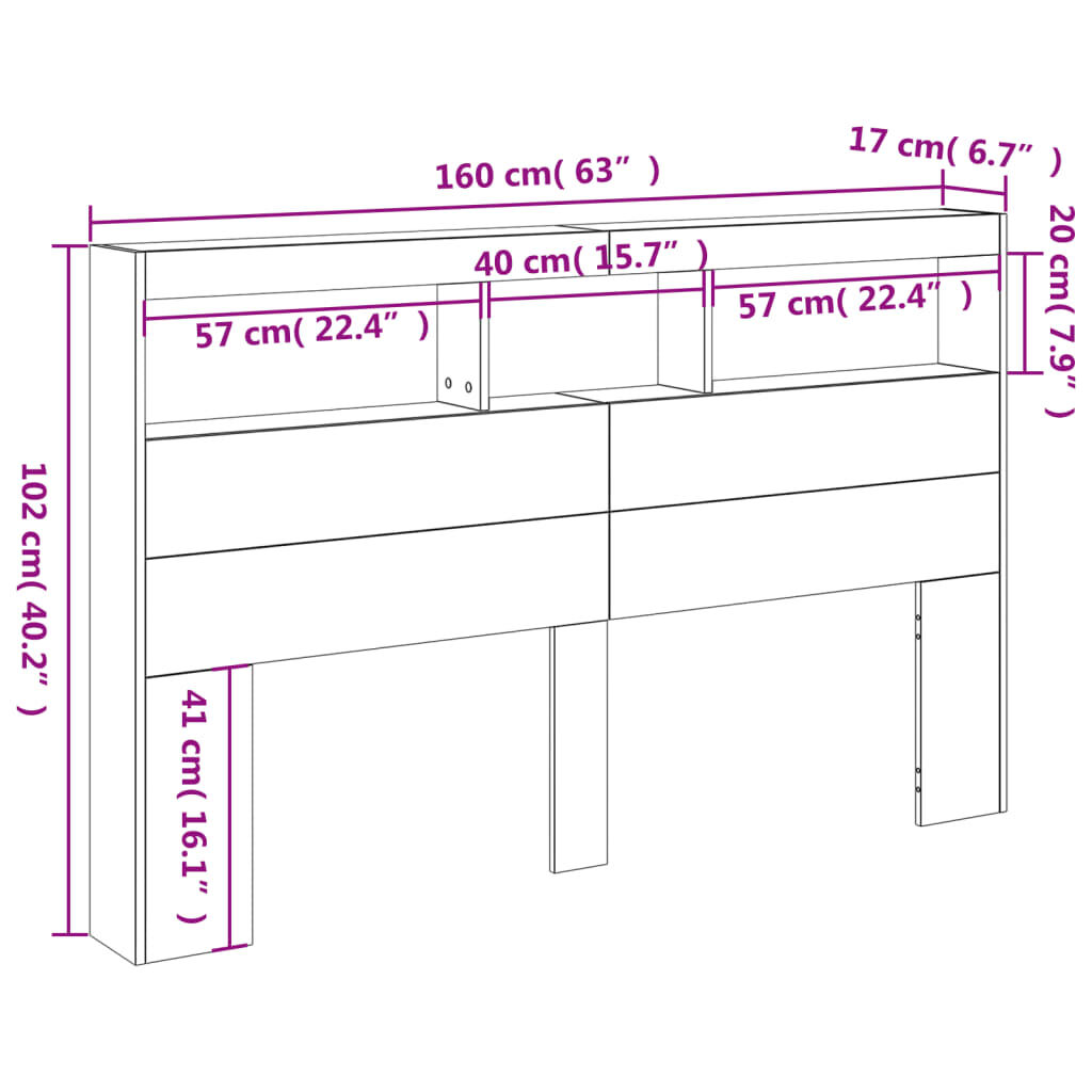 vidaXL Κεφαλάρι με Αποθηκ. Χώρο & LED Γκρι Sonoma 160x17x102 εκ.
