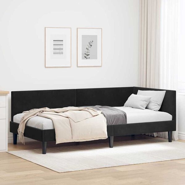 vidaXL Κρεβάτι Γωνίας Μαύρο 100 x 200 cm Βελούδο και Εργοστασιακό ξύλο