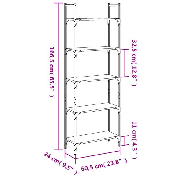 vidaXL Βιβλιοθήκη 5 Επιπέδων Καφέ Δρυς 60,5x24x166,5εκ. Επεξεργ. Ξύλο