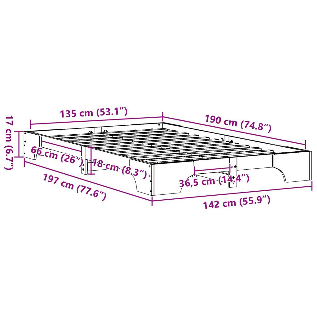 vidaXL κρεβάτι Λευκό Μασίφ ξύλο πεύκου 135 x 190 εκ. Κρεβάτι Ορθογώνιο