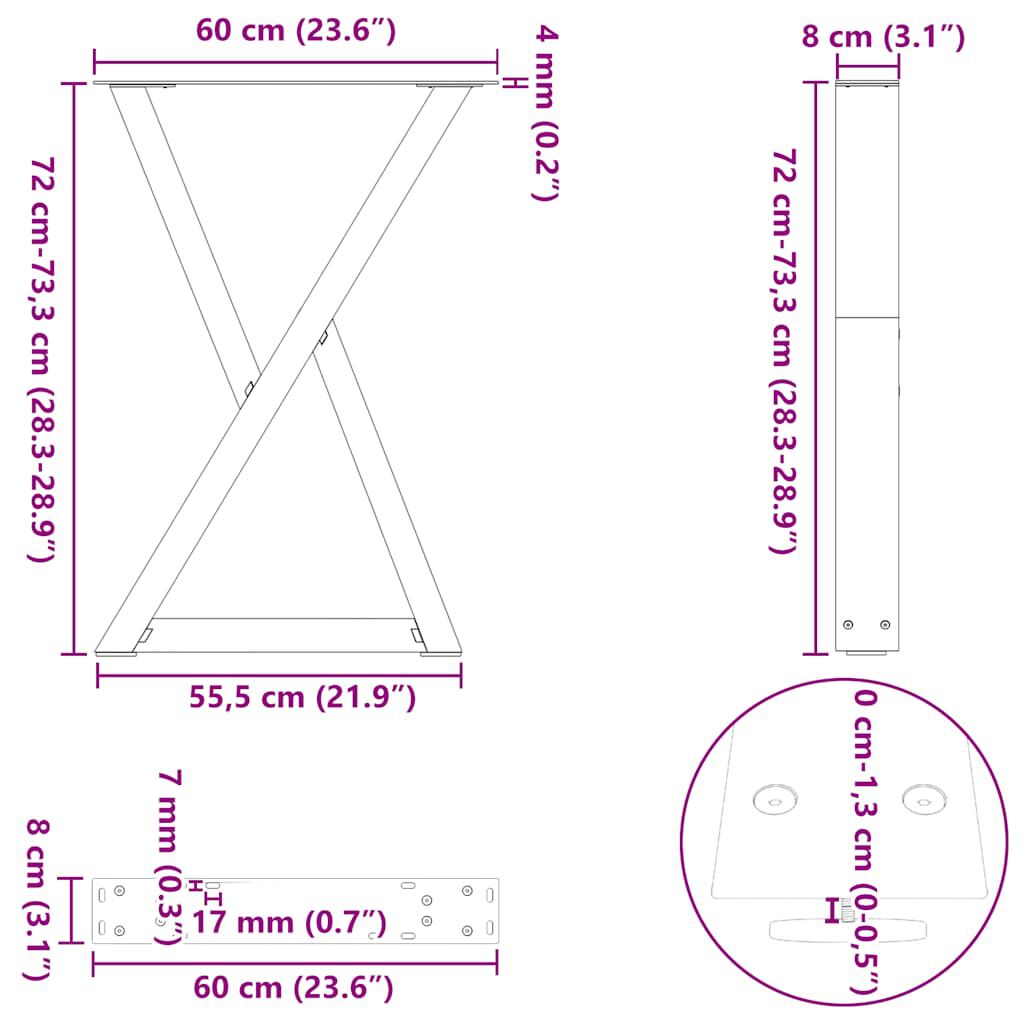 vidaXL Πόδια τραπεζαρίας 2 τεμάχια Μαύρο 60x(72-73,3) cm Ατσάλι