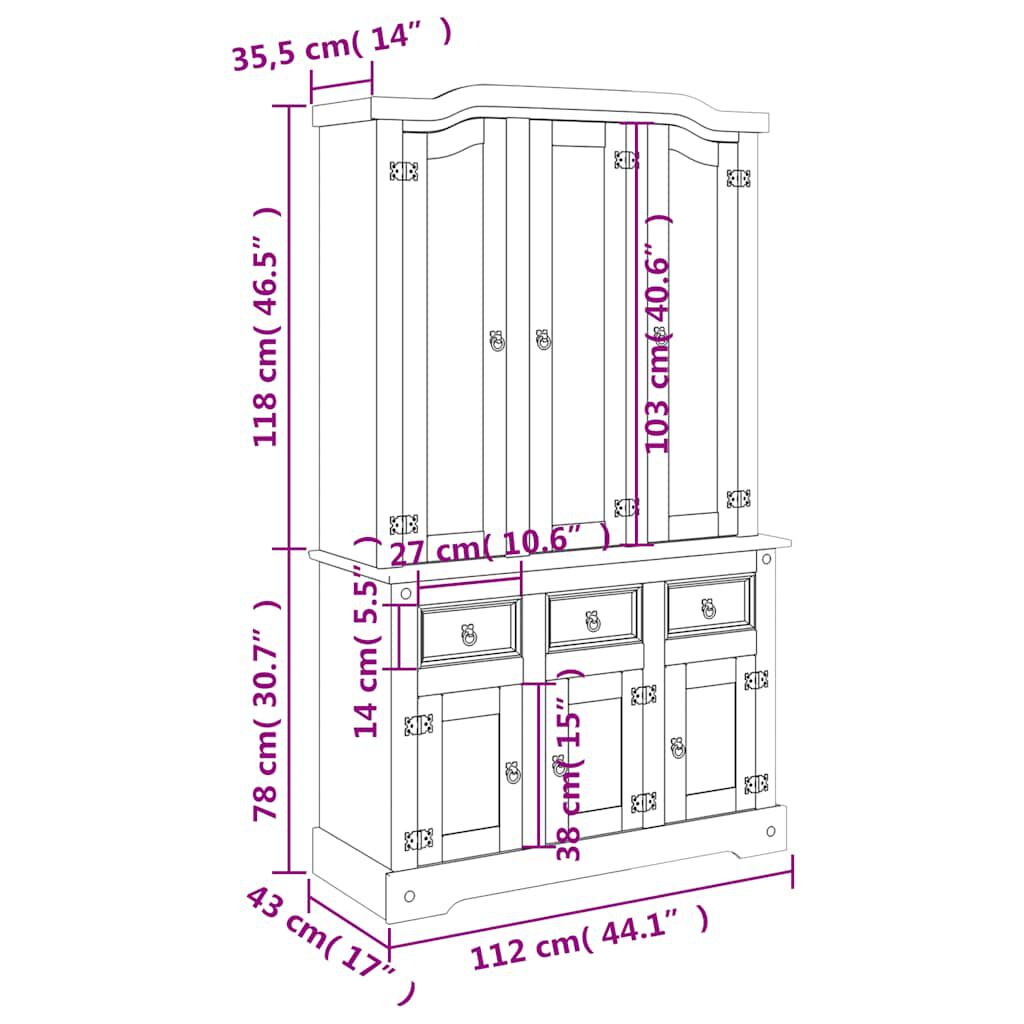 vidaXL Βιτρίνα Corona Καφέ 112x43x196εκ. Μασίφ Ξύλο Μεξικάνικου Πεύκου