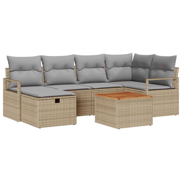 vidaXL Σετ Καναπέ Κήπου με μαξιλάρι 7 pcs Μπεζ Πολυ ράταν