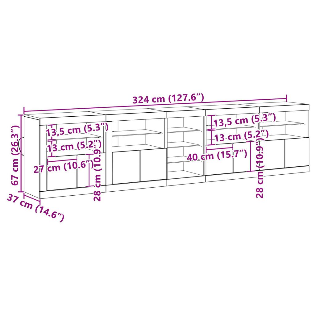 VidaXL μπουφές με φώτα LED Παλιό ξύλο 283x37x67 εκ. Επεξεργασμένου ξύλου
