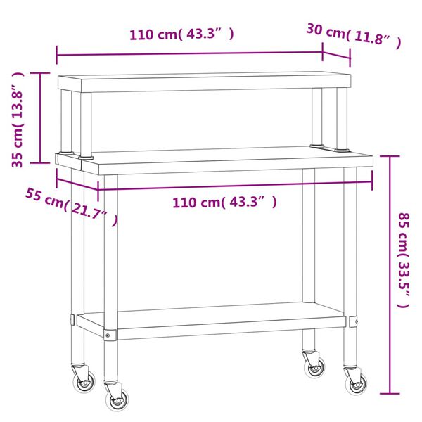 vidaXL Πάγκος Εργασίας Κουζίνας με Ράφι 110x55x120 εκ. Ανοξείδ. Ατσάλι