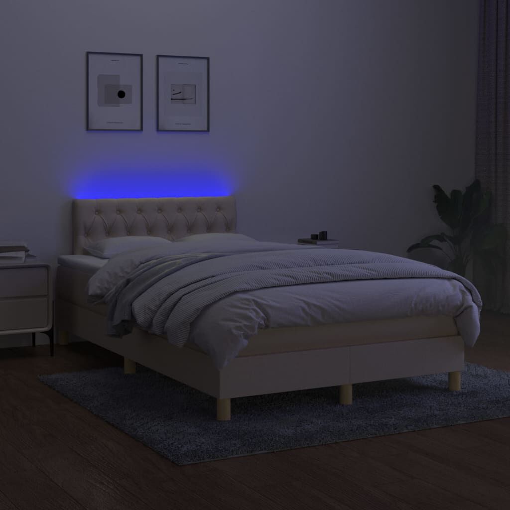 vidaXL Κρεβάτι Boxspring με Στρώμα & LED Κρεμ 120x200 εκ. Υφασμάτινο