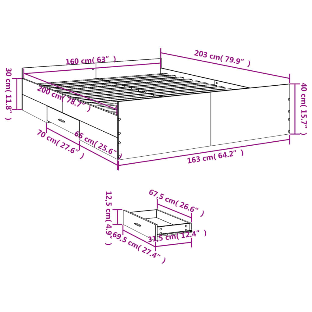 vidaXL Πλαίσιο Κρεβατιού με συρτάρια Γκρι sonoma 160x200εκ. Επεξ. Ξύλο
