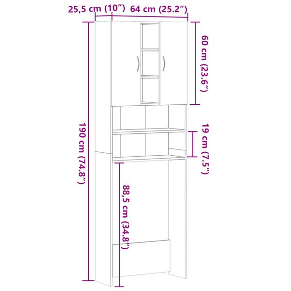 vidaXL Ντουλάπι Πλυντηρίου Sonoma Δρυς 64 x 25,5 x 190 εκ.