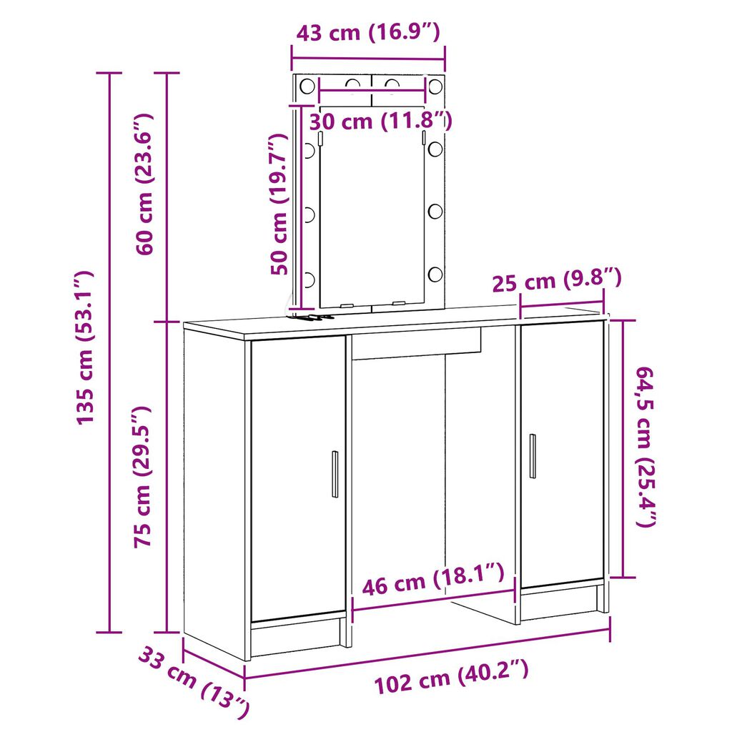 vidaXL Τραπέζι ντυσίματος με LED Φώτα σε δρυό, 102x33x135 cm