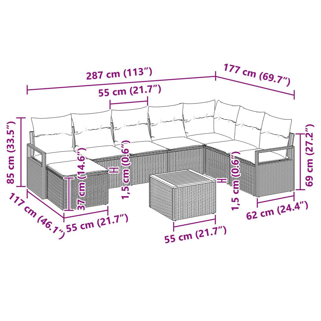 vidaXL Σετ Καναπέ Κήπου 9 pcs Μαύρος, λευκός