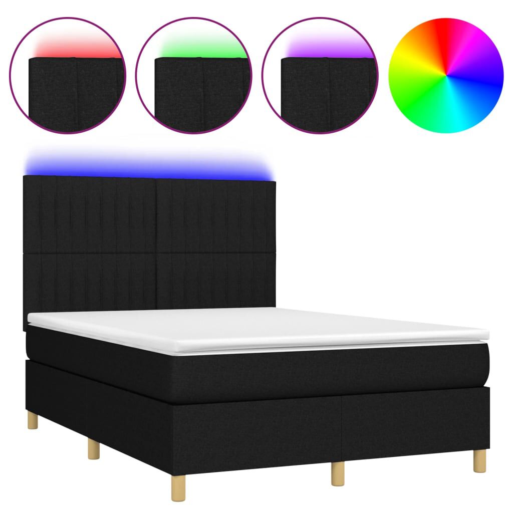 vidaXL Κρεβάτι Boxspring με Στρώμα & LED Μαύρο 140x190 εκ. Υφασμάτινο