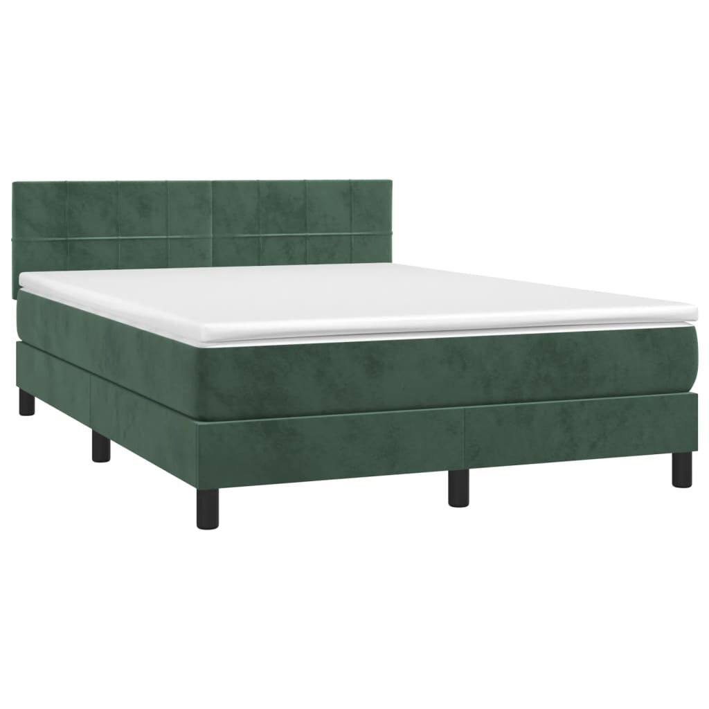 vidaXL Κρεβάτι Boxspring με Στρώμα & LED Σκ. Πράσινο 140x200εκ Βελούδο