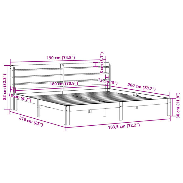 vidaXL Πλαίσιο Κρεβατιού με Κεφαλάρι 180x200 εκ. από Μασίφ Ξύλο Πεύκου